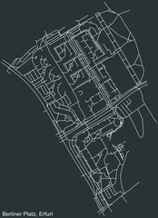 Detailed negative navigation white lines urban street roads map of the BERLINER PLATZ DISTRICT of the German regional capital city of Erfurt, Germany on dark gray background