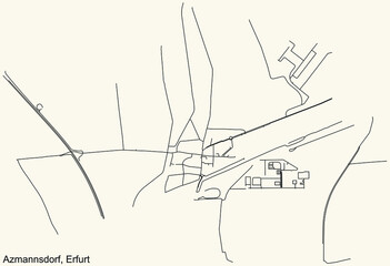 Detailed navigation black lines urban street roads map of the AZMANNSDORF DISTRICT of the German regional capital city of Erfurt, Germany on vintage beige background