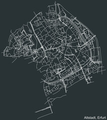 Detailed negative navigation white lines urban street roads map of the ALTSTADT DISTRICT of the German regional capital city of Erfurt, Germany on dark gray background