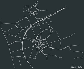 Detailed negative navigation white lines urban street roads map of the ALACH DISTRICT of the German regional capital city of Erfurt, Germany on dark gray background