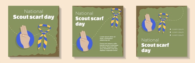National scout scarf day day social media post, banner set, kids summer camp celebration advertisement concept, scouting hand sign content marketing square ad, summer camp abstract print, isolated
