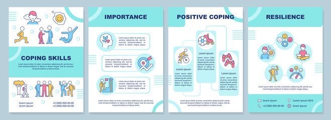 Naklejka na ściany i meble Healthy coping skills for teens mint brochure template. Leaflet design with linear icons. Editable 4 vector layouts for presentation, annual reports. Arial-Black, Myriad Pro-Regular fonts used