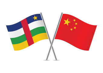 The central African Republic and China crossed flags. Centrafrique and Chinese flags on white background. Vector icon set. Vector illustration.