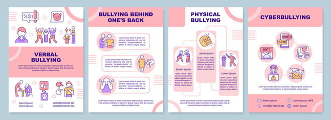 Teenage bullying pink brochure template. Cyberbullying. Leaflet design with linear icons. Editable 4 vector layouts for presentation, annual reports. Arial-Black, Myriad Pro-Regular fonts used - obrazy, fototapety, plakaty