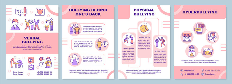 Teenage bullying pink brochure template. Cyberbullying. Leaflet design with linear icons. Editable 4 vector layouts for presentation, annual reports. Arial-Black, Myriad Pro-Regular fonts used