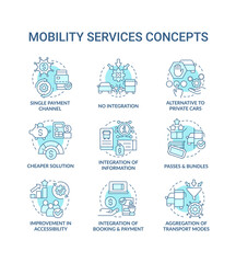 Mobility as service turquoise concept icons set. Urban infrastructure. Maas idea thin line color illustrations. Isolated symbols. Editable stroke. Roboto-Medium, Myriad Pro-Bold fonts used