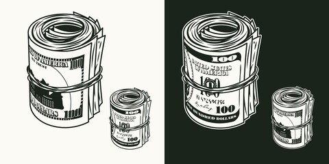 Standing upright money roll with front and reverse side of 100 dollar bills. Cash money. Vintage style. Monochrome detailed isolated vector illustration on dark and white background.