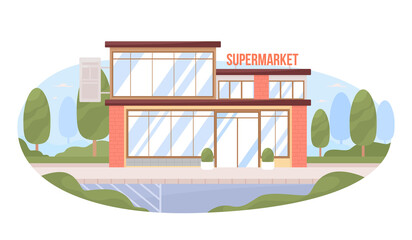 Supermarket building with glass facade 2D vector isolated illustration. Flat cityscape on cartoon background. Retail colourful editable scene for mobile, website, presentation. Bebas Neue font used
