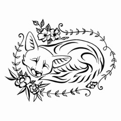 Sleeping fox in floral ornament. Vector illustration. Black and white linear drawing. 