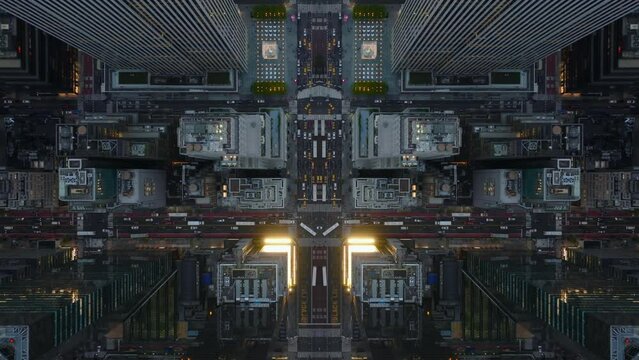 High angle view of busy streets under high rise commercial or residential buildings at twilight. Abstract computer effect digital composed footage.