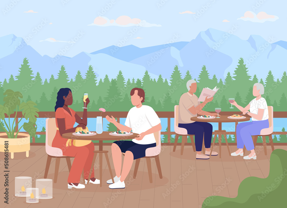 Poster guests enjoying dinner at mountain resort flat color vector illustration. people resting on open caf