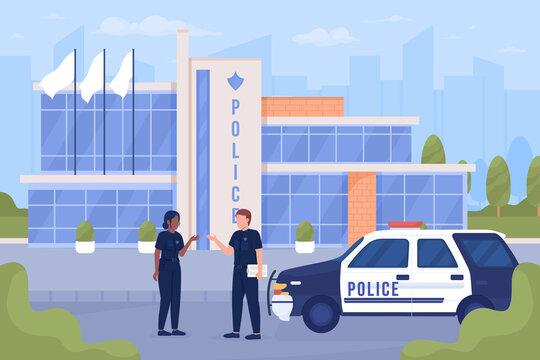 Policemen and car on city street flat color vector illustration. Police office and town security service. Fully editable 2D simple cartoon characters with cityscape on background. Bebas Neue font used