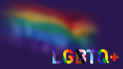 LGBTQ+ Pride Month blurred LGBT community flag. Abstract background wave with Pride word glowing LGBT flag Lesbian, Gay, Bisexual, Transgender rainbow flag vector illustration