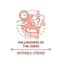 Willingness of users red concept icon. Change customer habits. Maas issue abstract idea thin line illustration. Isolated outline drawing. Editable stroke. Arial, Myriad Pro-Bold fonts used
