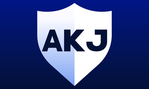 AKJ shield logo design on blue background vector template | monogram logo | abstract logo | wordmark logo | letter mark logo | business logo | brand logo | flat logo, minimalist logo.	