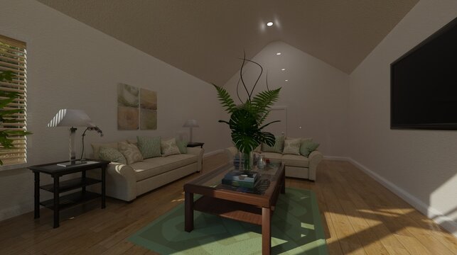 Living room with led tv on the wall 3d illustration