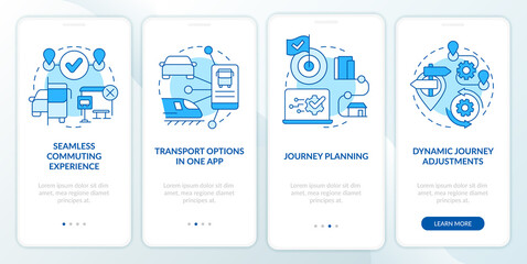 MaaS perks blue onboarding mobile app screen. Mobility services walkthrough 4 steps editable graphic instructions with linear concepts. UI, UX, GUI template. Myriad Pro-Bold, Regular fonts used