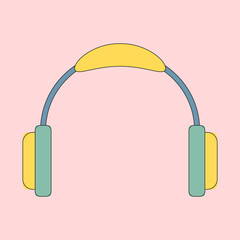 Yellow earphones on pink backgrpund. Pastel psychedelic sticker with 1970 vibe for funky cards and posters. Summer vintage element for disco banner