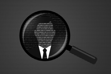 Magnifying glass and businessman silhouette made from binary code