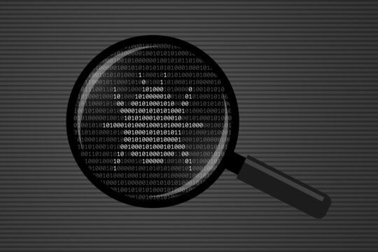 Magnifying glass and bug silhouette made from binary code