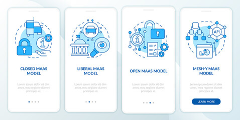 MaaS models blue onboarding mobile app screen. Digital system walkthrough 4 steps editable graphic instructions with linear concepts. UI, UX, GUI template. Myriad Pro-Bold, Regular fonts used