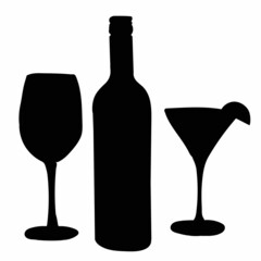bottle and glasses silhouette on white background, isolated, vector