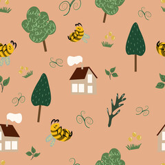 Funny bee on a cute pattern, coffee background. Funny seamless pattern for children's illustration or print on products. Bee among trees, houses and plants.