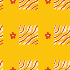 Obraz premium Retro 70s psychedelic seamless patterns, groovy hippie backgrounds. Cartoon funky print with flowers and mushrooms, hippy pattern vector set. Cosmos with ufo spaceship and stars, floral design