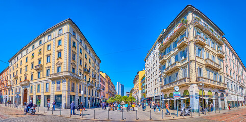 Panorama of the historical buildings along Corso Come street, famous pedestrian street with...