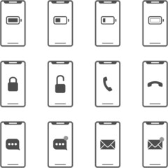 set of black and white smartphone display screen icons