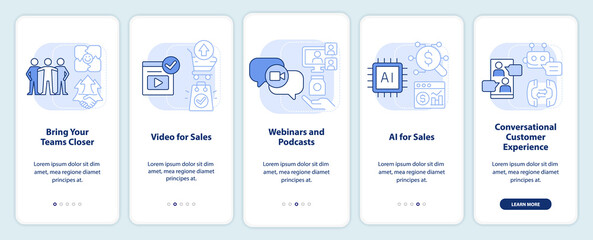 Sales trends light blue onboarding mobile app screen. Marketing walkthrough 5 steps editable graphic instructions with linear concepts. UI, UX, GUI template. Myriad Pro-Bold, Regular fonts used