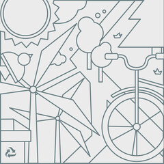 Contour outline illustration on the theme of ecology and renewable energy. Image of bicycle, windmill, nature.