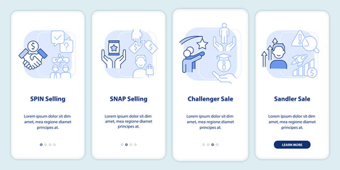 Sales techniques light blue onboarding mobile app screen. Promotion walkthrough 4 steps editable graphic instructions with linear concepts. UI, UX, GUI template. Myriad Pro-Bold, Regular fonts used