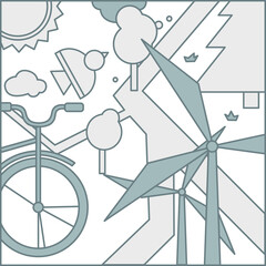 Contour outline illustration on the theme of ecology and renewable energy. Image of bicycle, windmill, nature.
