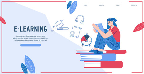 Fototapeta na wymiar E-learning and online courses, online certificate and test website banner template with student learning online, flat vector illustration. Webpage design for schooling and e-education.