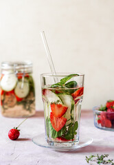 Infused water with strawberry and meloncella that is hybrid of cucumber and melon, thyme, mint. Copy space.