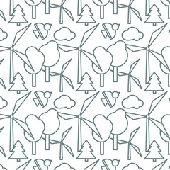 Seamless pattern on the theme of nature and ecology. Image of trees, windmills and birds.