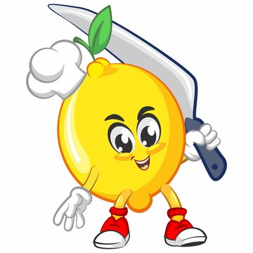 cute lemon fruit mascot character illustration logo icon vector become a chef with a big dinner knife