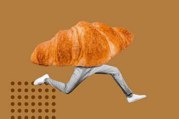 Creative collage illustration of person croissant instead body running jumping hurry buy hot bakery
