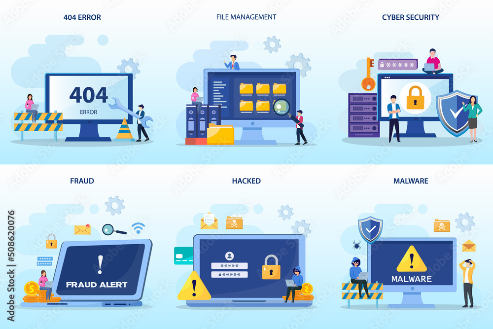 Poster set bundle computer security. 404 error, file management, cyber security, fraud, hacked, malware
