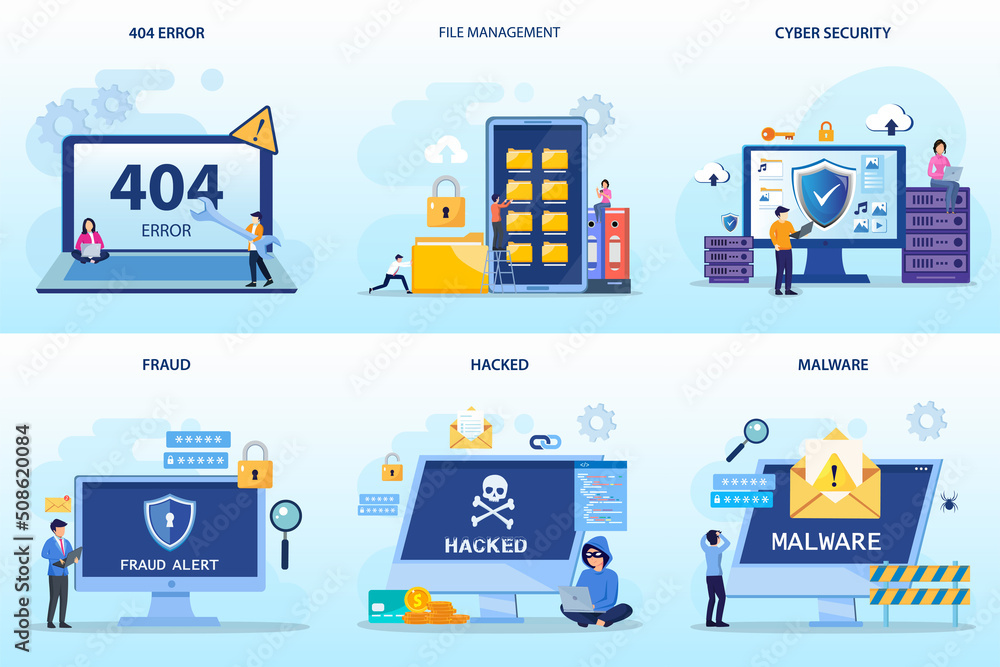 Poster set bundle computer security. 404 error, file management, cyber security, fraud, hacked, malware