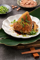 Vegetable zongzi. Vegetarian rice dumpling for Duanwu Dragon Boat Festival food.