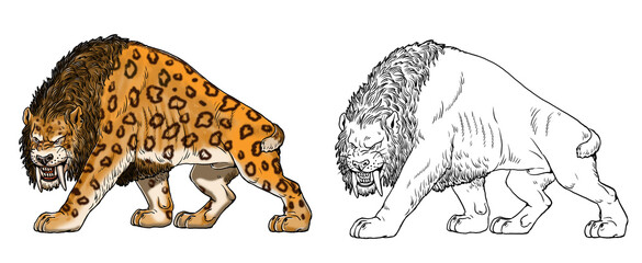 Saber tooth cat on the hunt. Animals drawing. Saber-toothed cat attack. Smilodon from ice age.