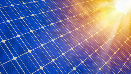 closeup Solar panel with reflected blue sky and sun