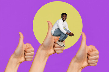 3d retro abstract creative collage of american guy rated many arms hands thumbs up isolated violet...