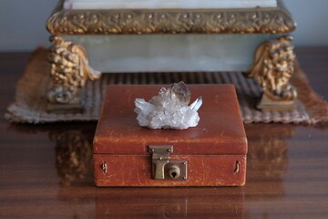 Quartz crystal. Rock crystal druse. Crystal smoky quartz (rauchtopaz)
