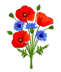 Vector rustic bouquet of wildflowers. Red poppy flowers, blue cornflowers and green leaves isolated on a white background. - obrazy, fototapety, plakaty