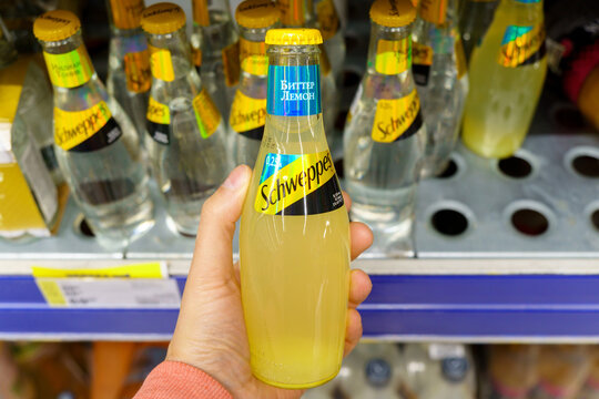 Tyumen, Russia-May 11, 2022: Schweppes is a brand of soft drinks founded by Jacob Schweppes in 1783