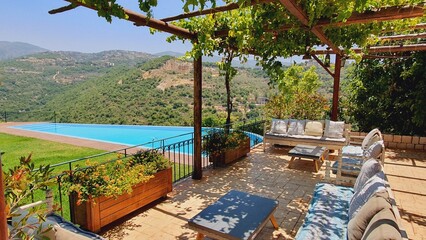 Modern infinity pool with mountain and valley view