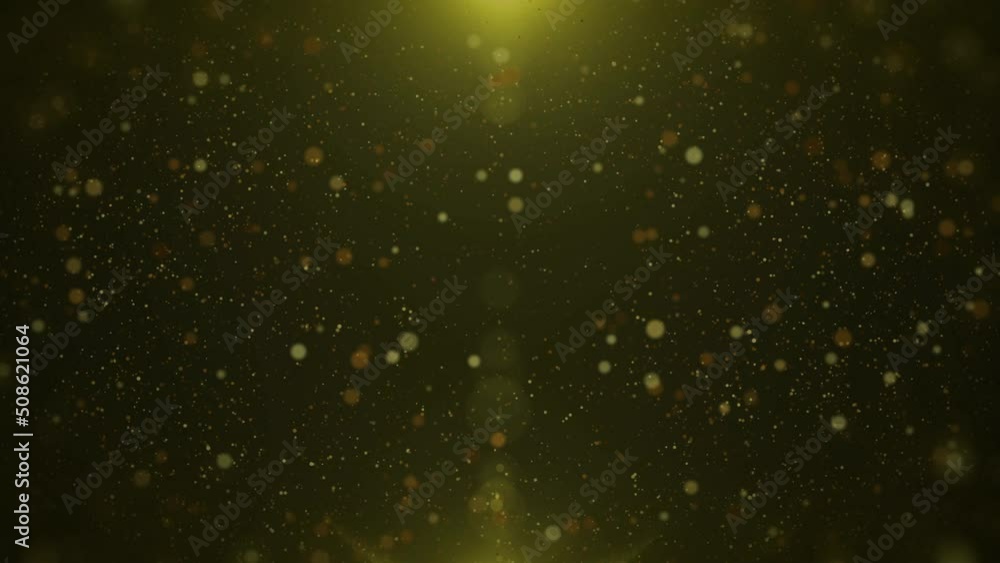 Poster Gold particle, bokeh flying through 4K seamless loop motion background. Abstract glittering golden dust movement in space footage.